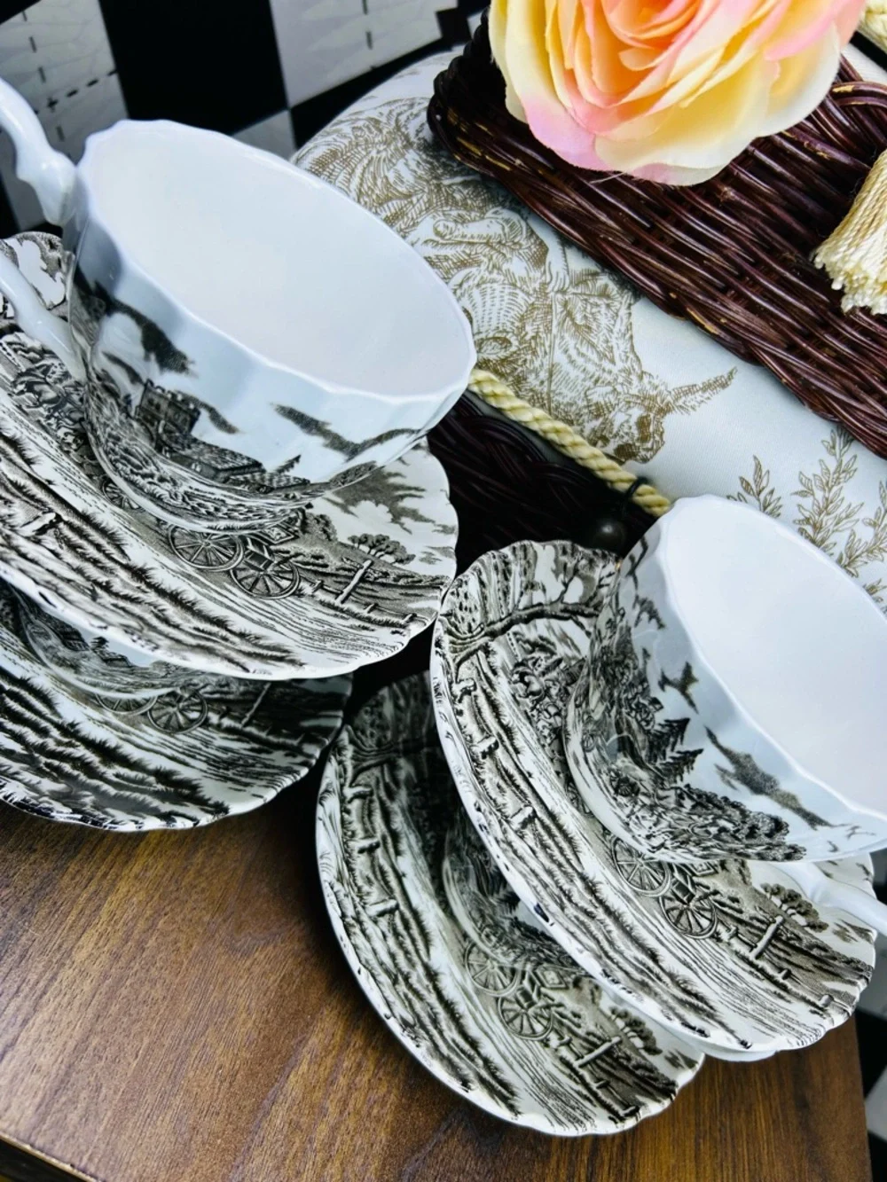Vintage Tea Cups, Saucers Brown Transferware Set of‎ 4 Ironstone English Country